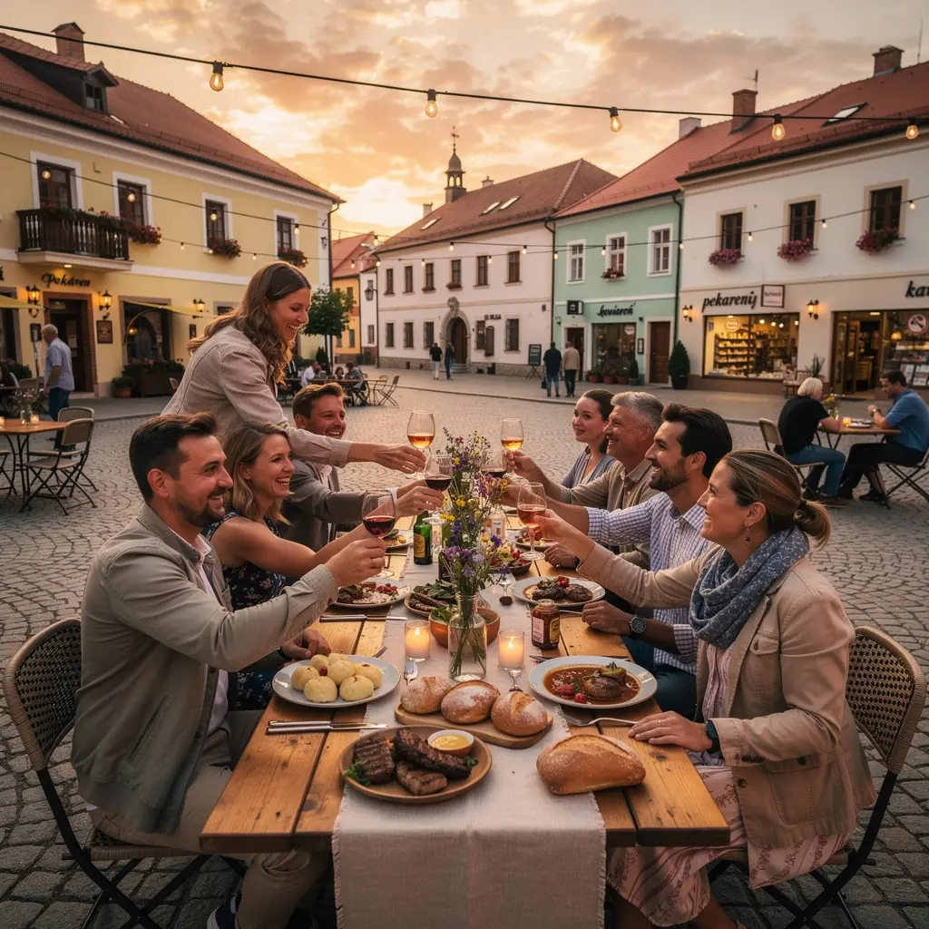 A scenic view of Bratislava's historic Old Town featuring charming architecture and vibrant street life.